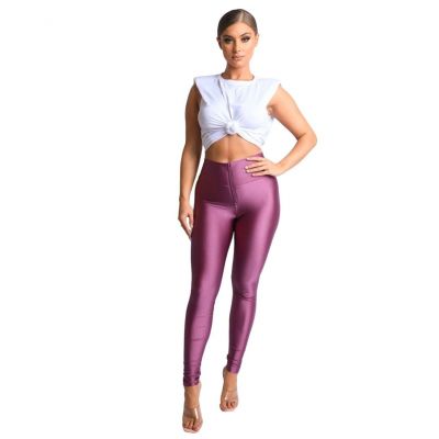 Women's High-Waisted Leggings -  Metallic Purple Zip Front Tricot Leggings